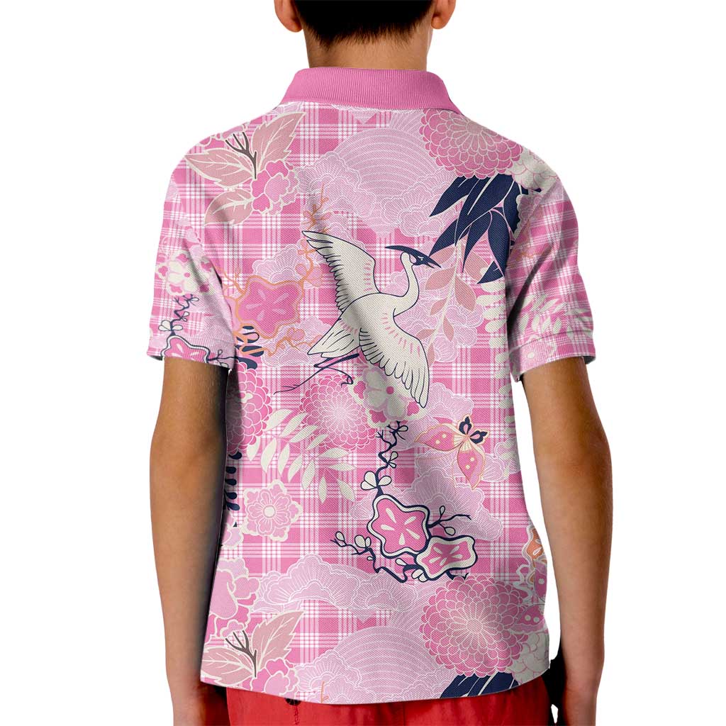 Pink Palaka Crane and Flowers Kid Polo Shirt Japan Heritage Spirit LT9 - Polynesian Pride