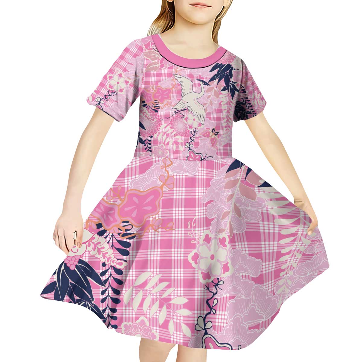 Pink Palaka Crane and Flowers Kid Short Sleeve Dress Japan Heritage Spirit LT9 - Polynesian Pride