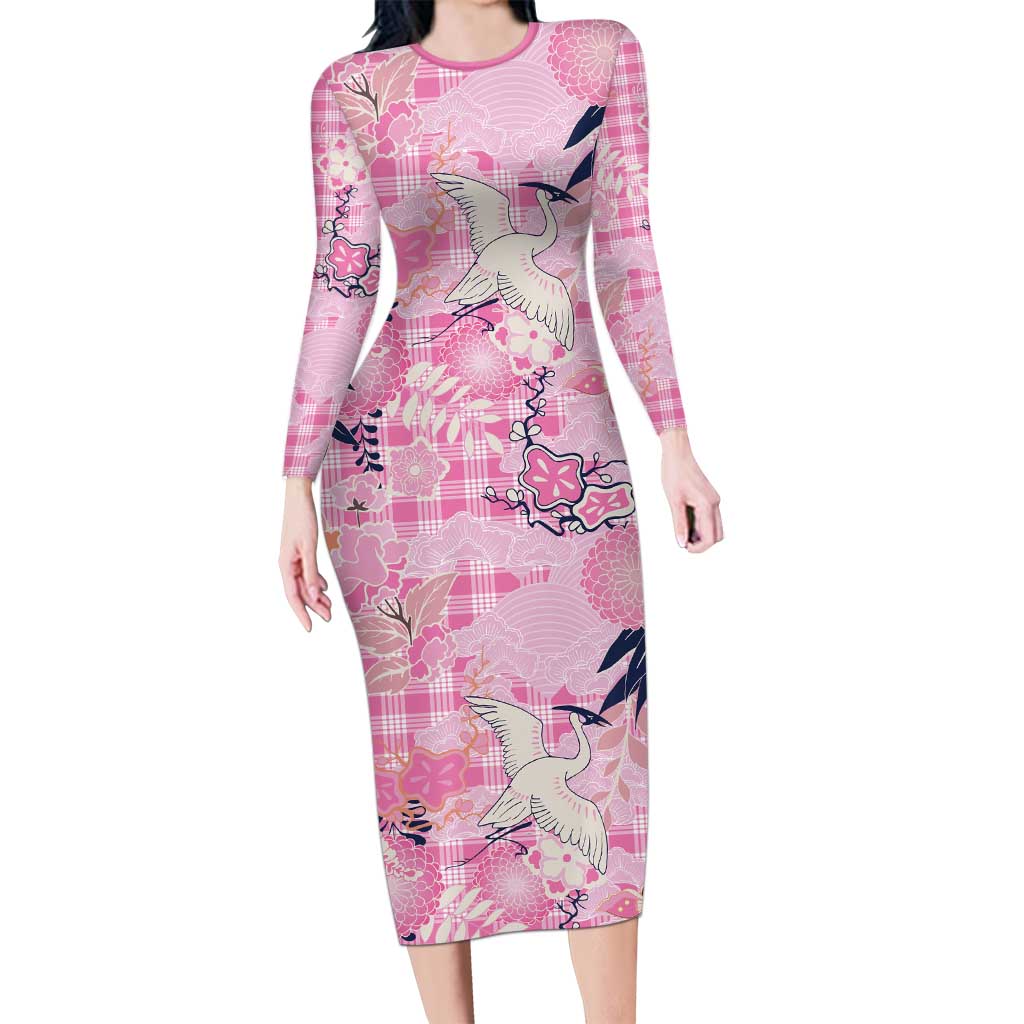 Pink Palaka Crane and Flowers Long Sleeve Bodycon Dress Japan Heritage Spirit LT9 Long Dress Pink - Polynesian Pride