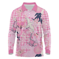 Pink Palaka Crane and Flowers Long Sleeve Polo Shirt Japan Heritage Spirit LT9 Pink - Polynesian Pride