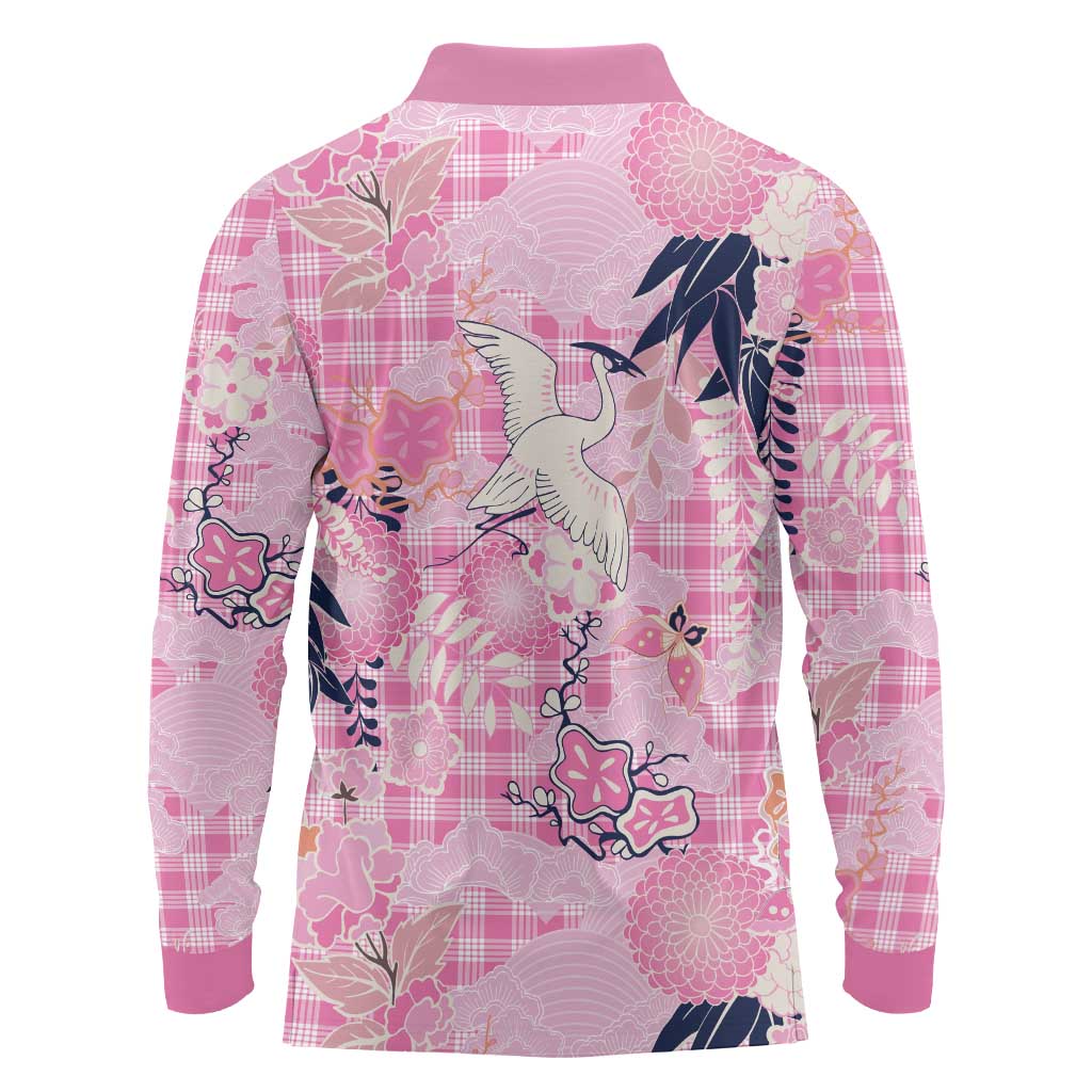 Pink Palaka Crane and Flowers Long Sleeve Polo Shirt Japan Heritage Spirit LT9 - Polynesian Pride