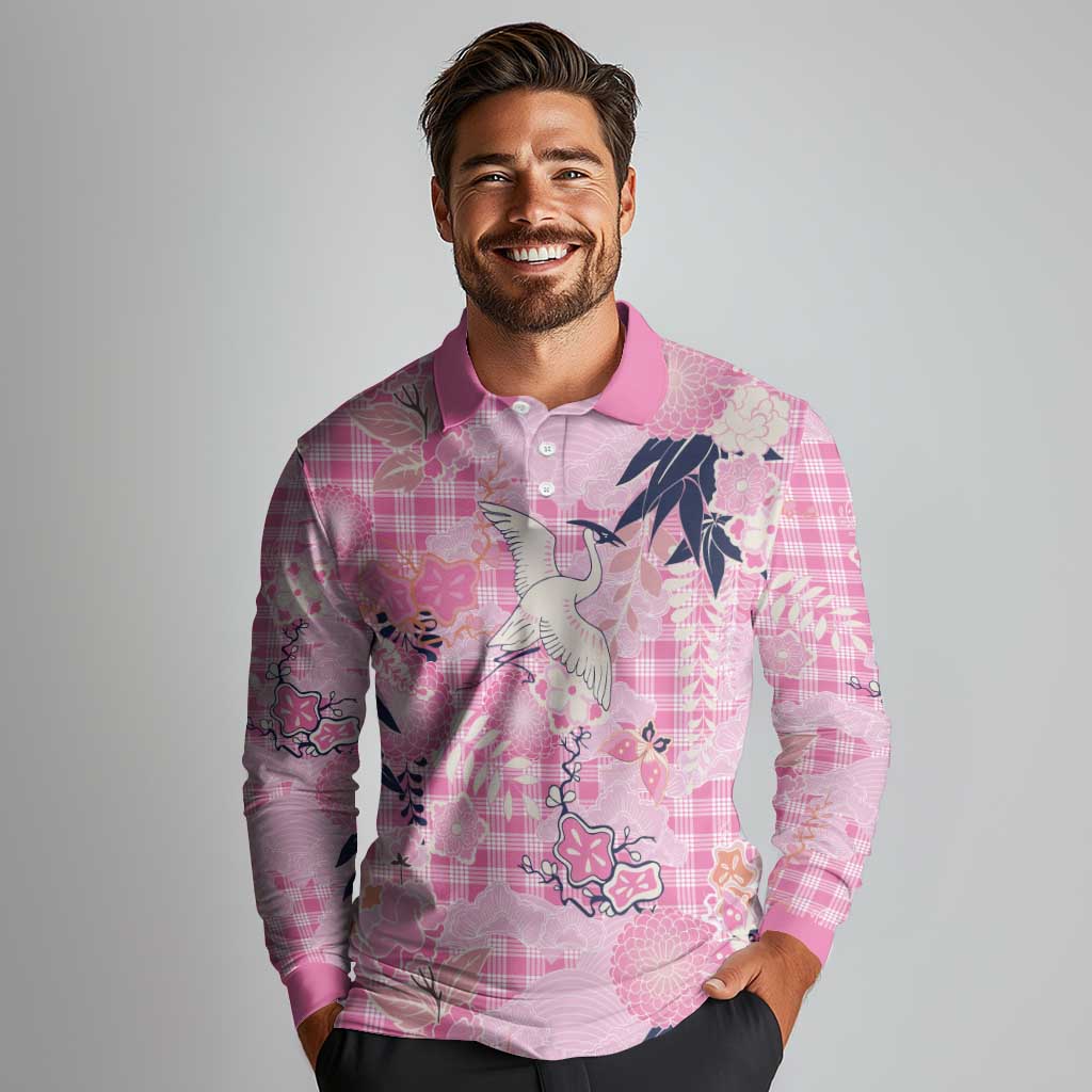 Pink Palaka Crane and Flowers Long Sleeve Polo Shirt Japan Heritage Spirit LT9 - Polynesian Pride