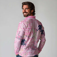 Pink Palaka Crane and Flowers Long Sleeve Polo Shirt Japan Heritage Spirit LT9 - Polynesian Pride