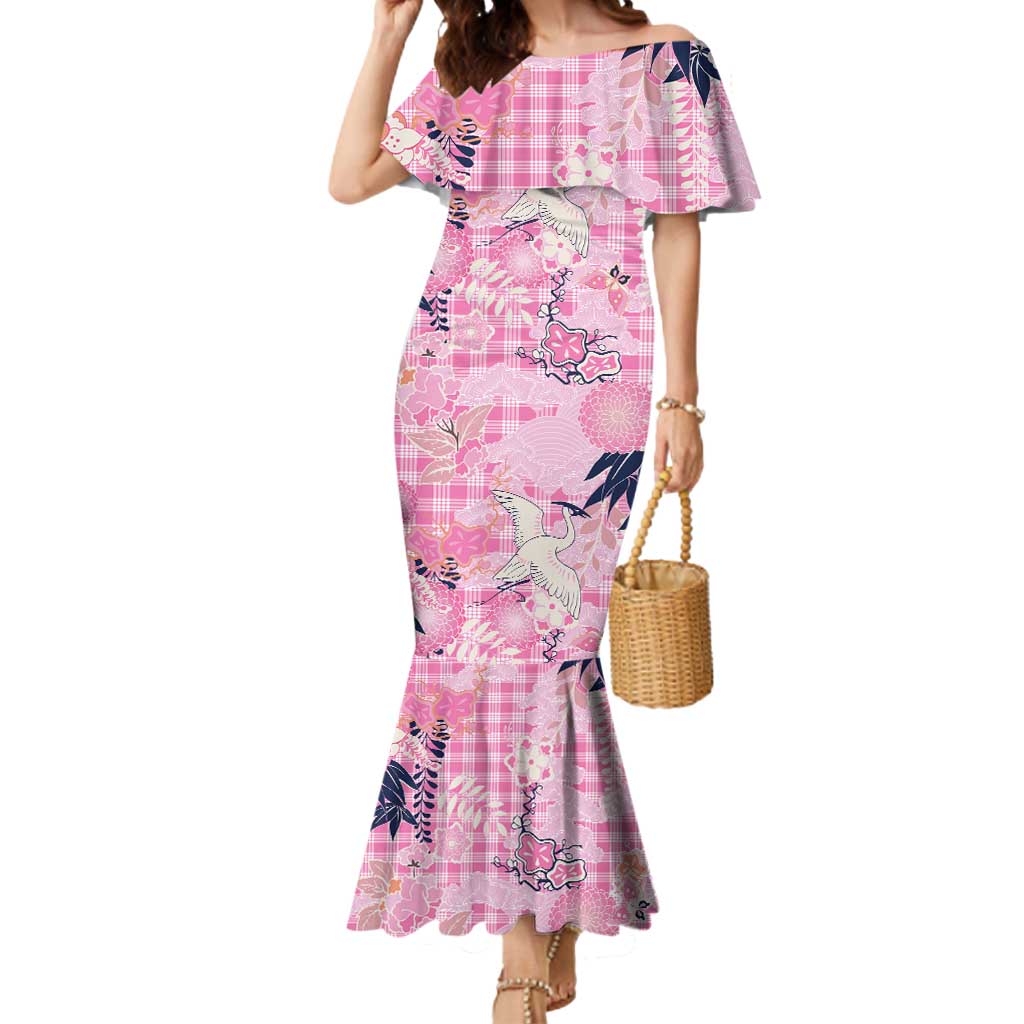 Pink Palaka Crane and Flowers Mermaid Dress Japan Heritage Spirit LT9 Women Pink - Polynesian Pride