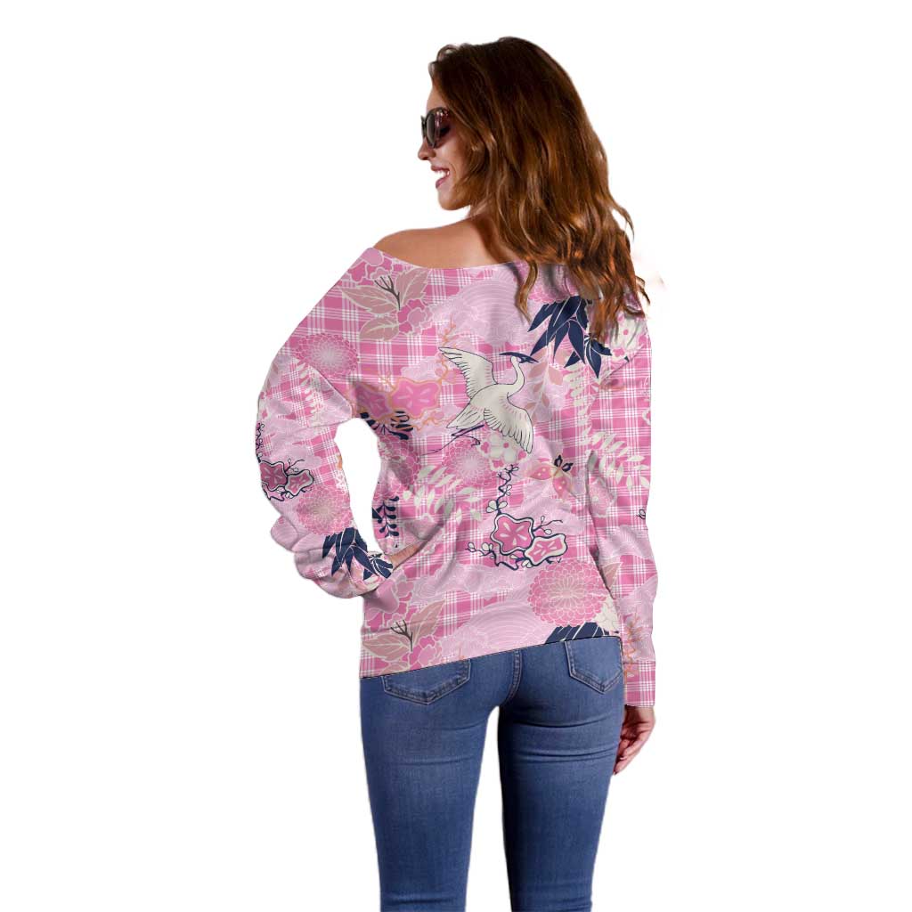 Pink Palaka Crane and Flowers Off Shoulder Sweater Japan Heritage Spirit - Polynesian Pride