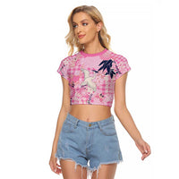 Pink Palaka Crane and Flowers Raglan Cropped T Shirt Japan Heritage Spirit LT9 Female Pink - Polynesian Pride