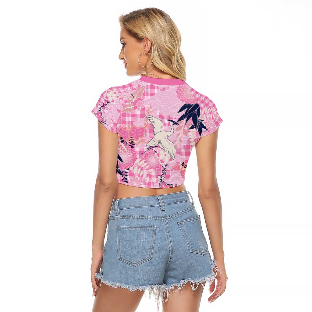 Pink Palaka Crane and Flowers Raglan Cropped T Shirt Japan Heritage Spirit LT9 - Polynesian Pride