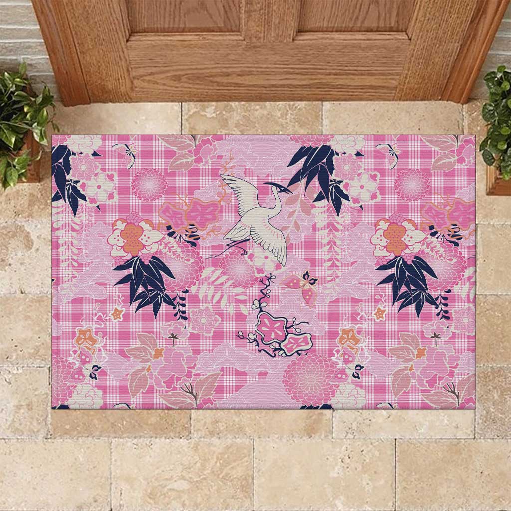 Pink Palaka Crane and Flowers Rubber Doormat Japan Heritage Spirit LT9 Pink - Polynesian Pride