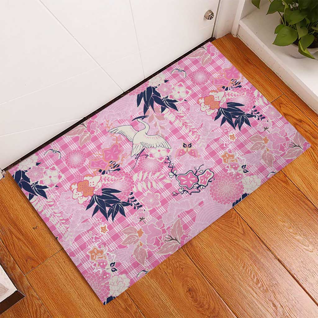 Pink Palaka Crane and Flowers Rubber Doormat Japan Heritage Spirit LT9 - Polynesian Pride