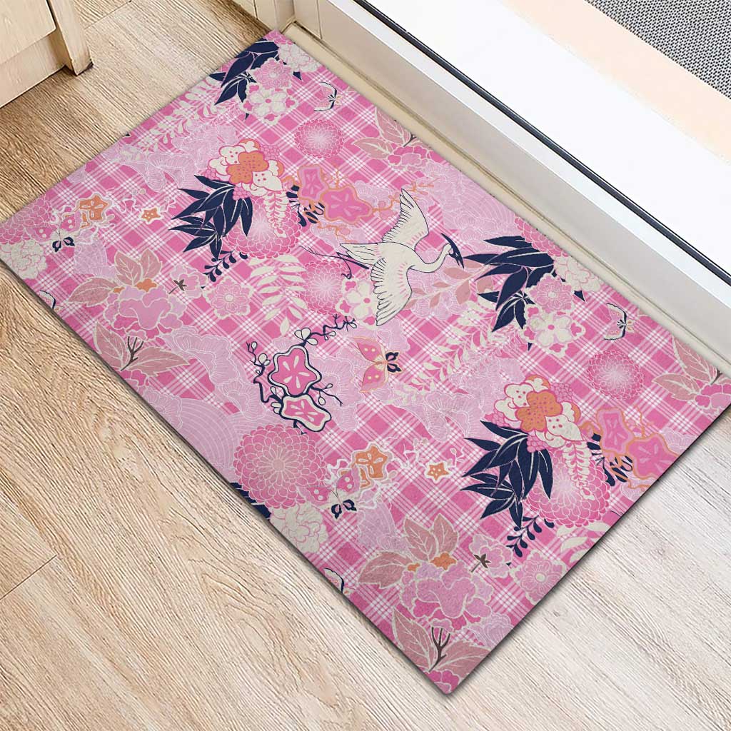 Pink Palaka Crane and Flowers Rubber Doormat Japan Heritage Spirit LT9 - Polynesian Pride