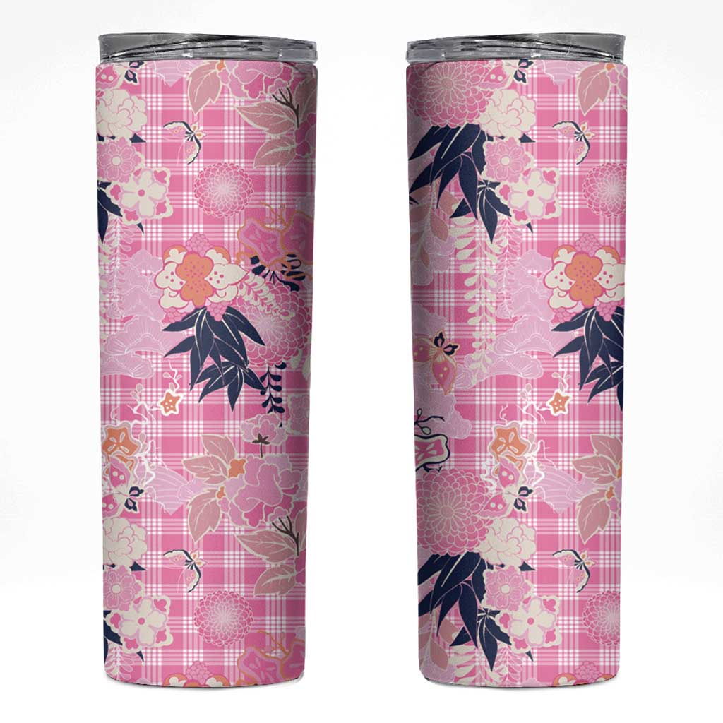 Pink Palaka Crane and Flowers Skinny Tumbler Japan Heritage Spirit LT9 Pink - Polynesian Pride