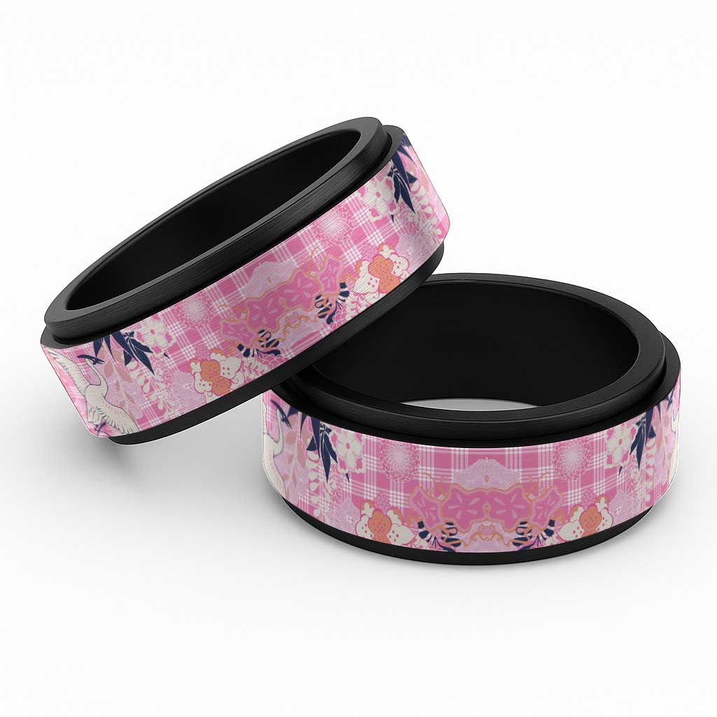 Pink Palaka Crane and Flowers Spinner Ring Japan Heritage Spirit LT9 Black Pink - Polynesian Pride