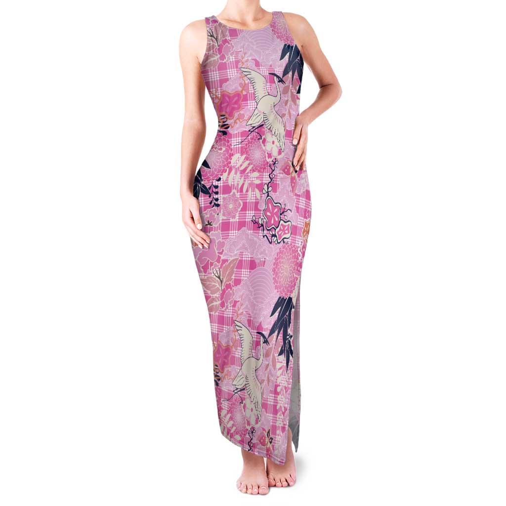 Pink Palaka Crane and Flowers Tank Maxi Dress Japan Heritage Spirit LT9 Women Pink - Polynesian Pride