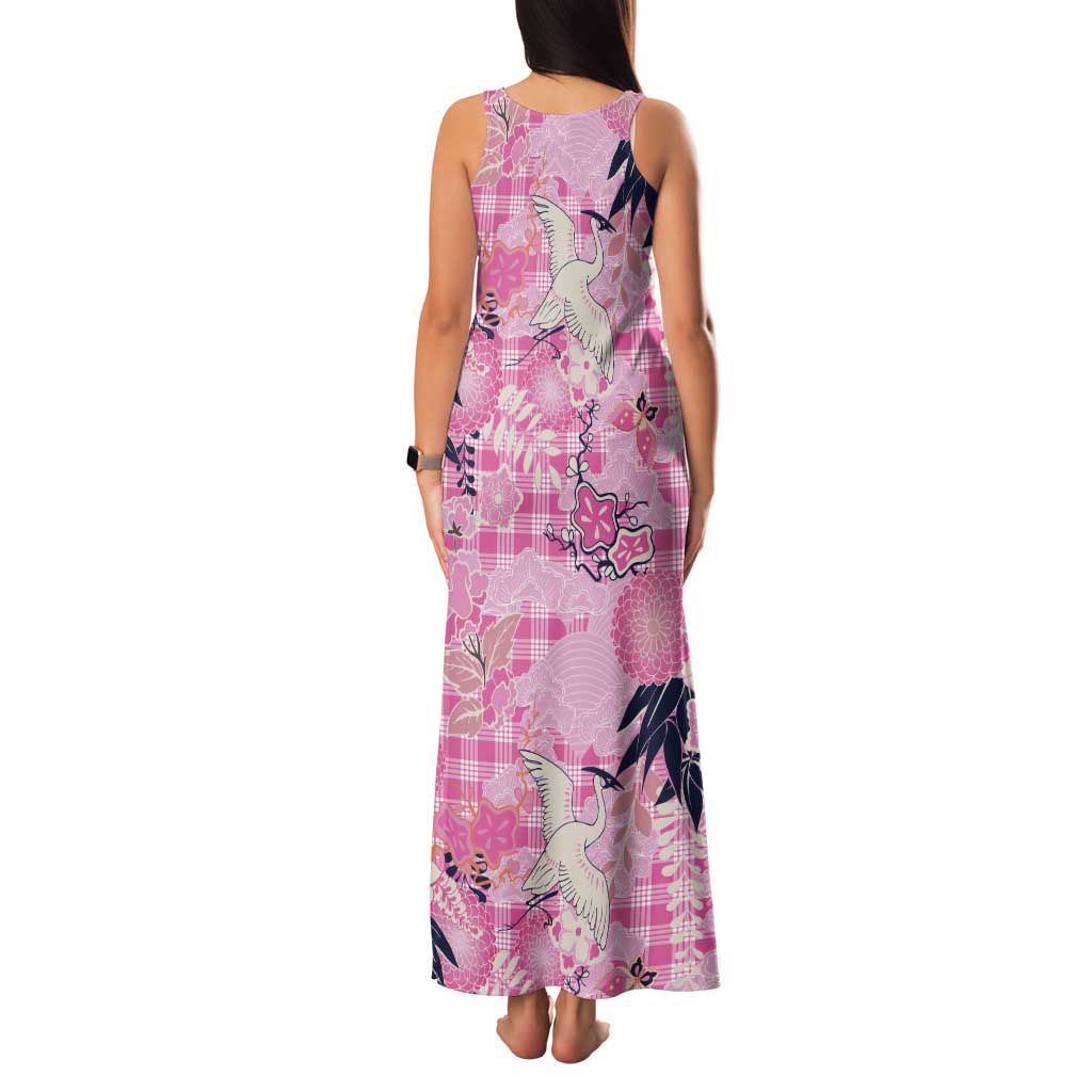 Pink Palaka Crane and Flowers Tank Maxi Dress Japan Heritage Spirit LT9 - Polynesian Pride