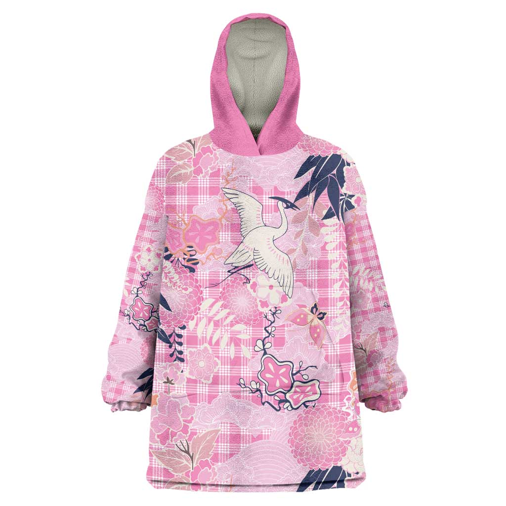 Pink Palaka Crane and Flowers Wearable Blanket Hoodie Japan Heritage Spirit LT9 One Size Pink - Polynesian Pride
