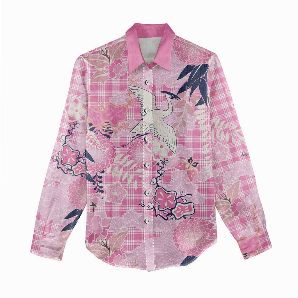 Pink Palaka Crane and Flowers Women Casual Shirt Japan Heritage Spirit - Polynesian Pride