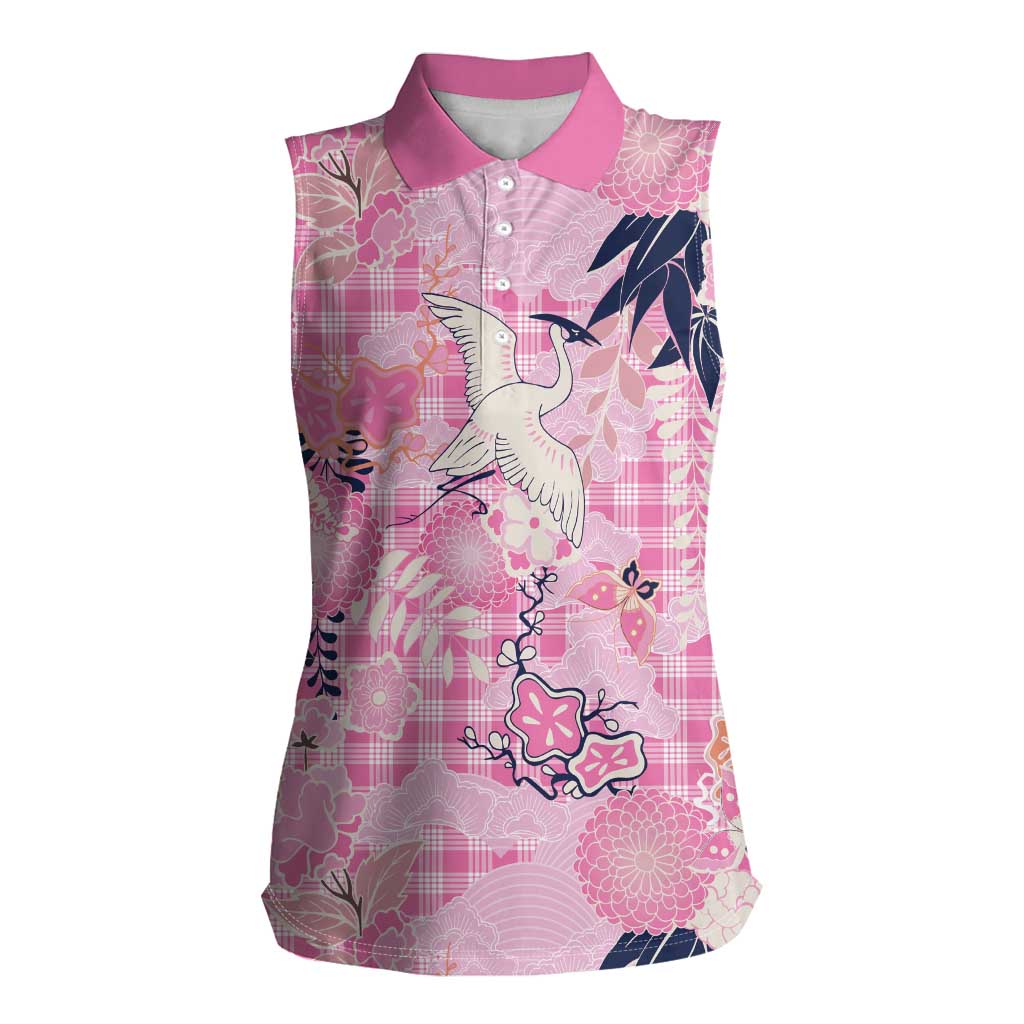 Pink Palaka Crane and Flowers Women Sleeveless Polo Shirt Japan Heritage Spirit LT9 Female Pink - Polynesian Pride