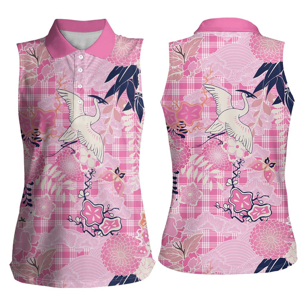 Pink Palaka Crane and Flowers Women Sleeveless Polo Shirt Japan Heritage Spirit LT9 - Polynesian Pride