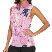 Pink Palaka Crane and Flowers Women Sleeveless Polo Shirt Japan Heritage Spirit LT9 - Polynesian Pride