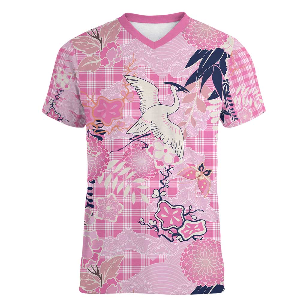 Pink Palaka Crane and Flowers Women V-Neck T-Shirt Japan Heritage Spirit LT9 Female Pink - Polynesian Pride