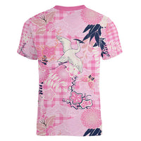 Pink Palaka Crane and Flowers Women V-Neck T-Shirt Japan Heritage Spirit LT9 - Polynesian Pride