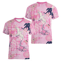 Pink Palaka Crane and Flowers Women V-Neck T-Shirt Japan Heritage Spirit LT9 - Polynesian Pride