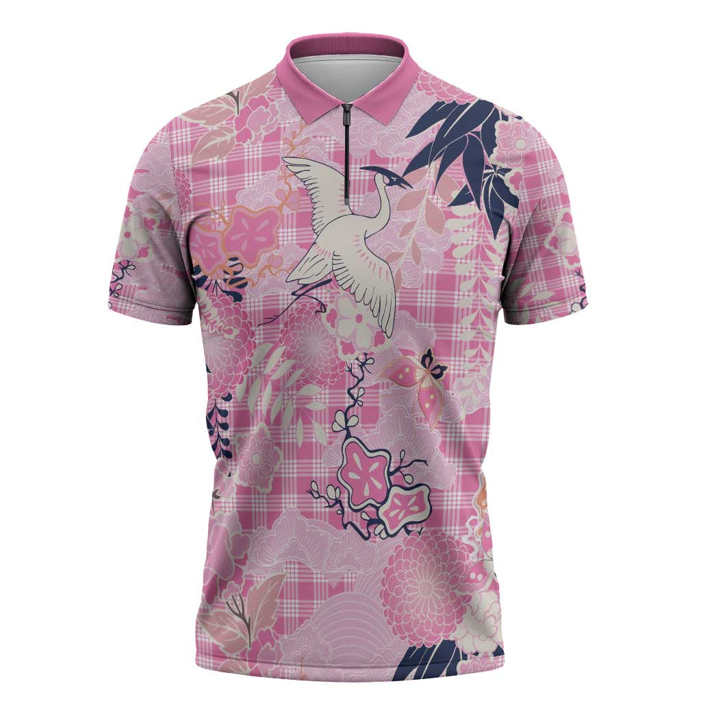 Pink Palaka Crane and Flowers Zipper Polo Shirt Japan Heritage Spirit LT9 Pink - Polynesian Pride