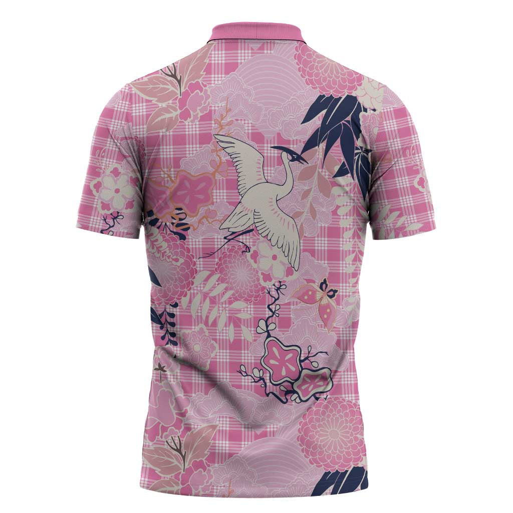 Pink Palaka Crane and Flowers Zipper Polo Shirt Japan Heritage Spirit LT9 - Polynesian Pride