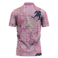 Pink Palaka Crane and Flowers Zipper Polo Shirt Japan Heritage Spirit LT9 - Polynesian Pride
