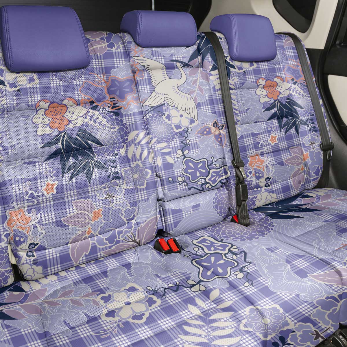 Purple Palaka Crane and Flowers Back Car Seat Cover Japan Heritage Spirit LT9 - Polynesian Pride