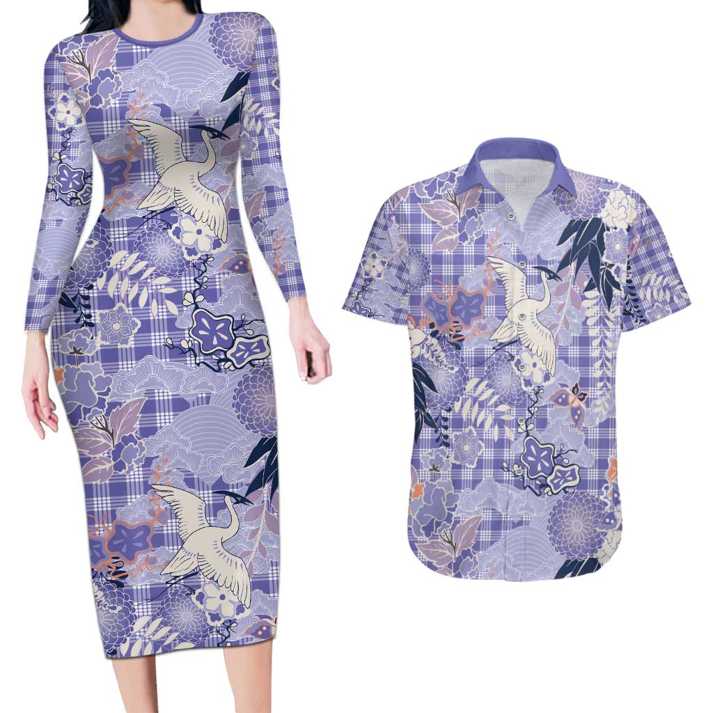 Purple Palaka Crane and Flowers Couples Matching Long Sleeve Bodycon Dress and Hawaiian Shirt Japan Heritage Spirit LT9 Purple - Polynesian Pride