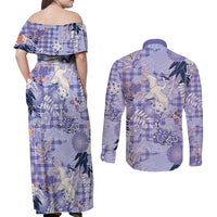 Purple Palaka Crane and Flowers Couples Matching Off Shoulder Maxi Dress and Long Sleeve Button Shirt Japan Heritage Spirit LT9 - Polynesian Pride