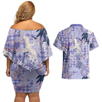 Purple Palaka Crane and Flowers Couples Matching Off Shoulder Short Dress and Hawaiian Shirt Japan Heritage Spirit LT9 - Polynesian Pride