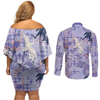 Purple Palaka Crane and Flowers Couples Matching Off Shoulder Short Dress and Long Sleeve Button Shirt Japan Heritage Spirit LT9 - Polynesian Pride