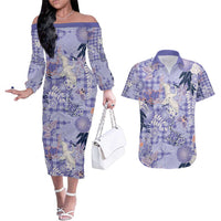Purple Palaka Crane and Flowers Couples Matching Off The Shoulder Long Sleeve Dress and Hawaiian Shirt Japan Heritage Spirit LT9 Purple - Polynesian Pride