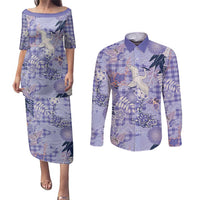 Purple Palaka Crane and Flowers Couples Matching Puletasi and Long Sleeve Button Shirt Japan Heritage Spirit LT9 Purple - Polynesian Pride