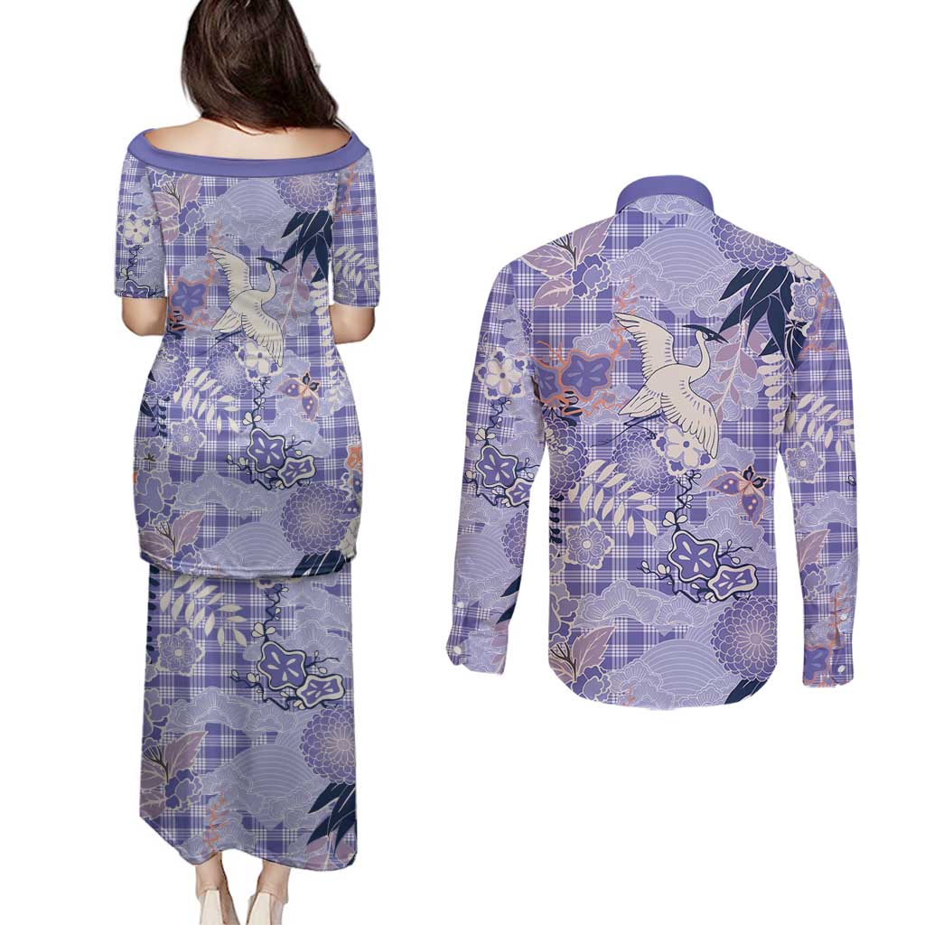 Purple Palaka Crane and Flowers Couples Matching Puletasi and Long Sleeve Button Shirt Japan Heritage Spirit LT9 - Polynesian Pride