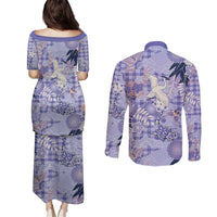 Purple Palaka Crane and Flowers Couples Matching Puletasi and Long Sleeve Button Shirt Japan Heritage Spirit LT9 - Polynesian Pride