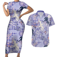 Purple Palaka Crane and Flowers Couples Matching Short Sleeve Bodycon Dress and Hawaiian Shirt Japan Heritage Spirit LT9 Purple - Polynesian Pride