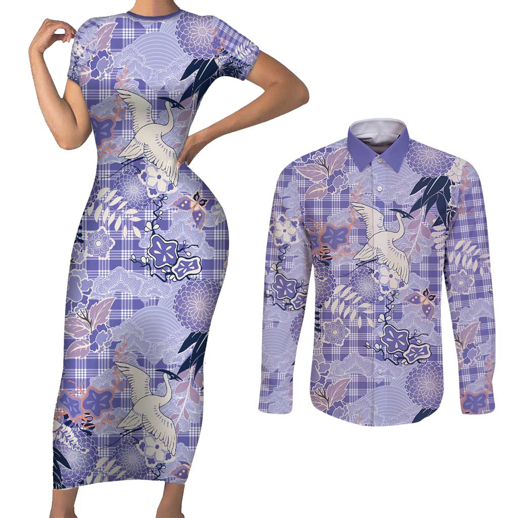 Purple Palaka Crane and Flowers Couples Matching Short Sleeve Bodycon Dress and Long Sleeve Button Shirt Japan Heritage Spirit LT9 Purple - Polynesian Pride