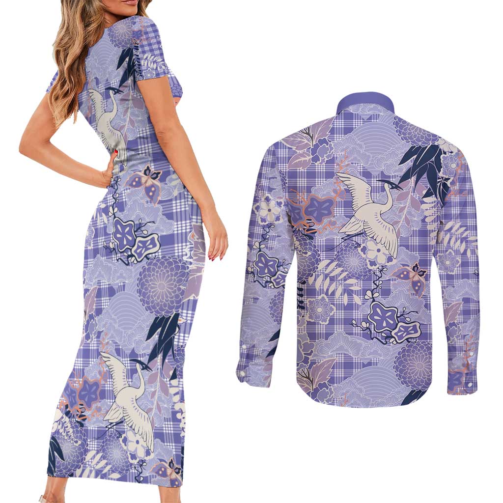 Purple Palaka Crane and Flowers Couples Matching Short Sleeve Bodycon Dress and Long Sleeve Button Shirt Japan Heritage Spirit LT9 - Polynesian Pride