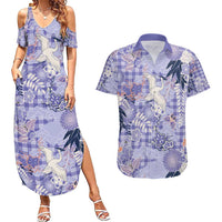 Purple Palaka Crane and Flowers Couples Matching Summer Maxi Dress and Hawaiian Shirt Japan Heritage Spirit LT9 Purple - Polynesian Pride