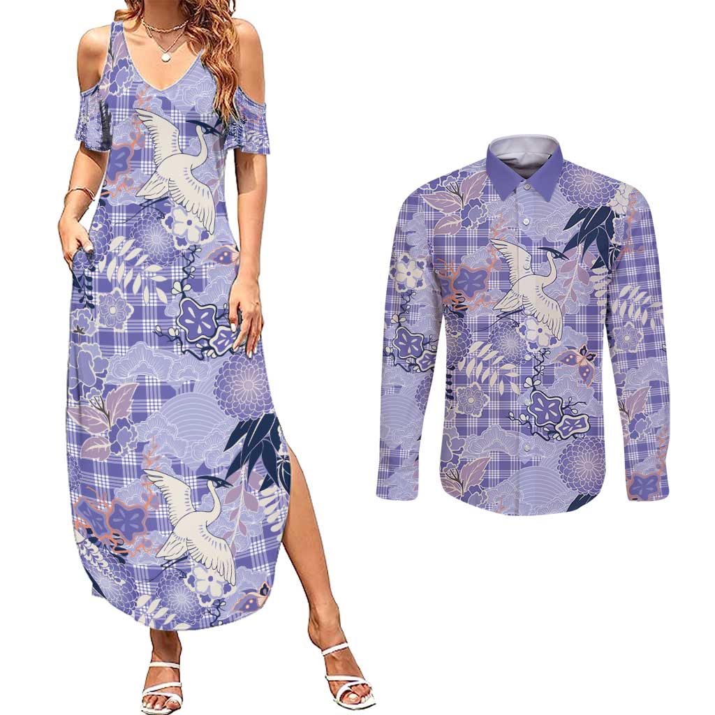 Purple Palaka Crane and Flowers Couples Matching Summer Maxi Dress and Long Sleeve Button Shirt Japan Heritage Spirit LT9 Purple - Polynesian Pride