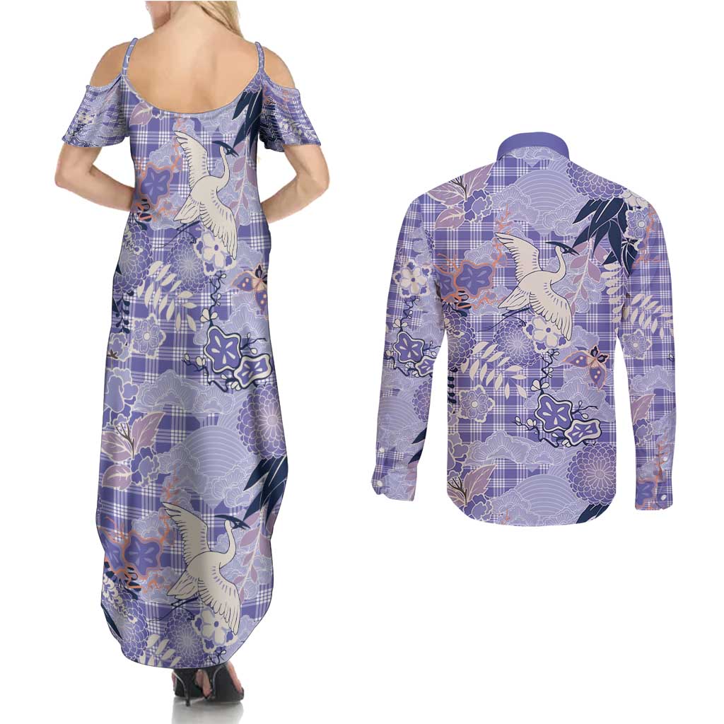 Purple Palaka Crane and Flowers Couples Matching Summer Maxi Dress and Long Sleeve Button Shirt Japan Heritage Spirit LT9 - Polynesian Pride