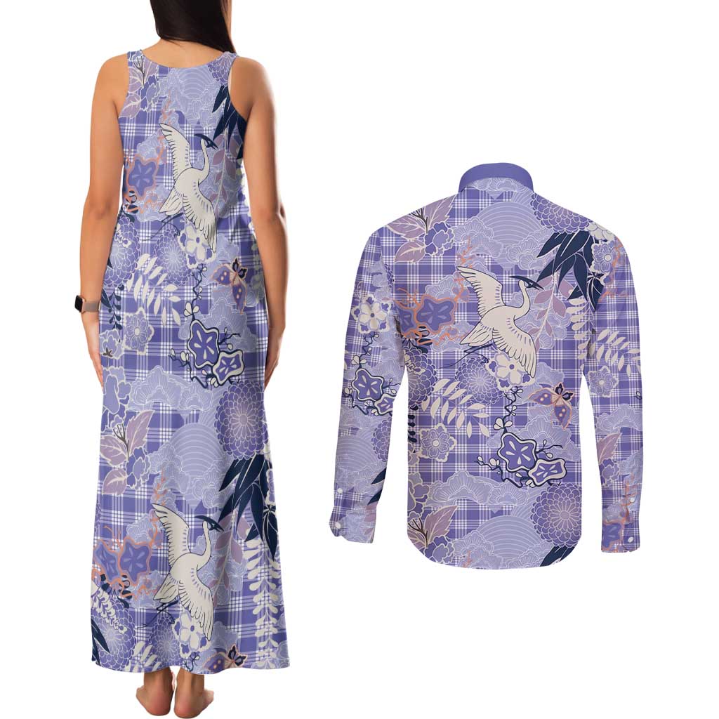 Purple Palaka Crane and Flowers Couples Matching Tank Maxi Dress and Long Sleeve Button Shirt Japan Heritage Spirit LT9 - Polynesian Pride