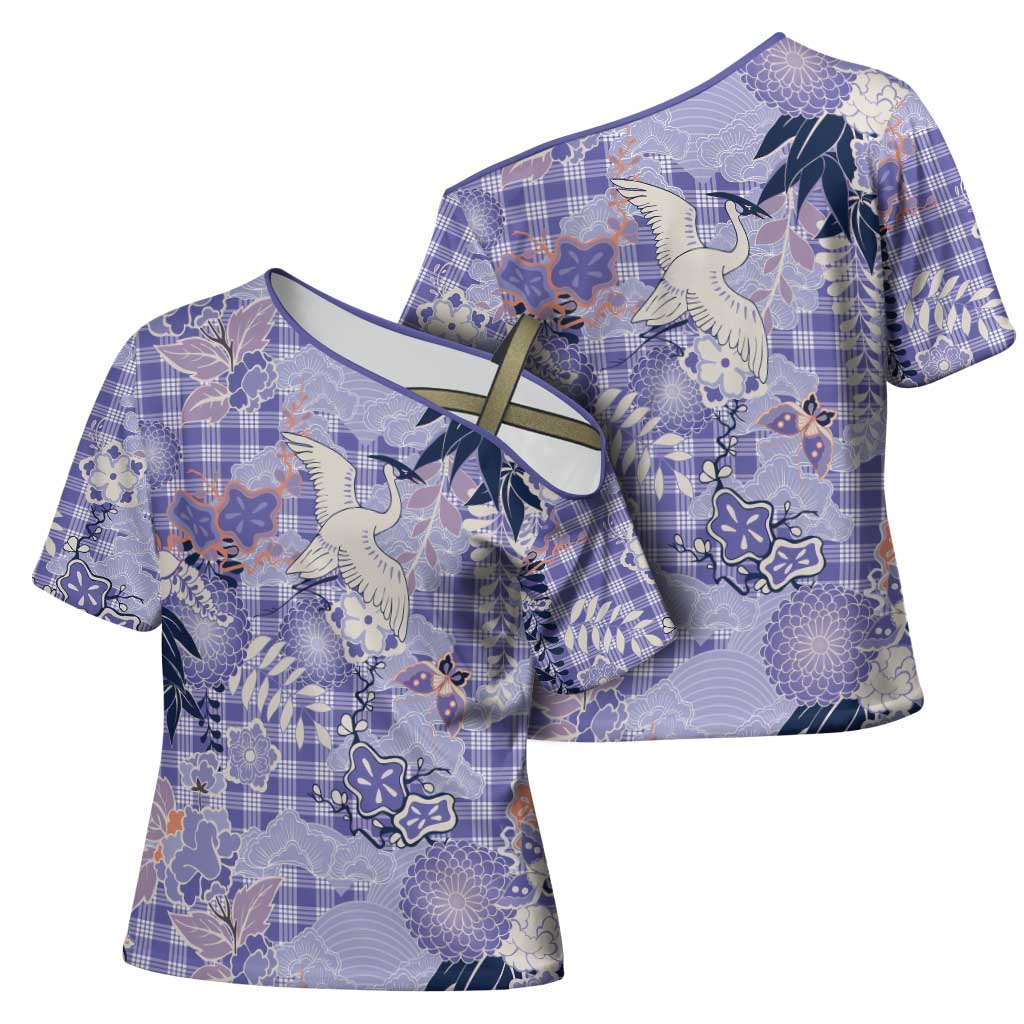 Purple Palaka Crane and Flowers Cross Shoulder Shirt Japan Heritage Spirit LT9 - Polynesian Pride