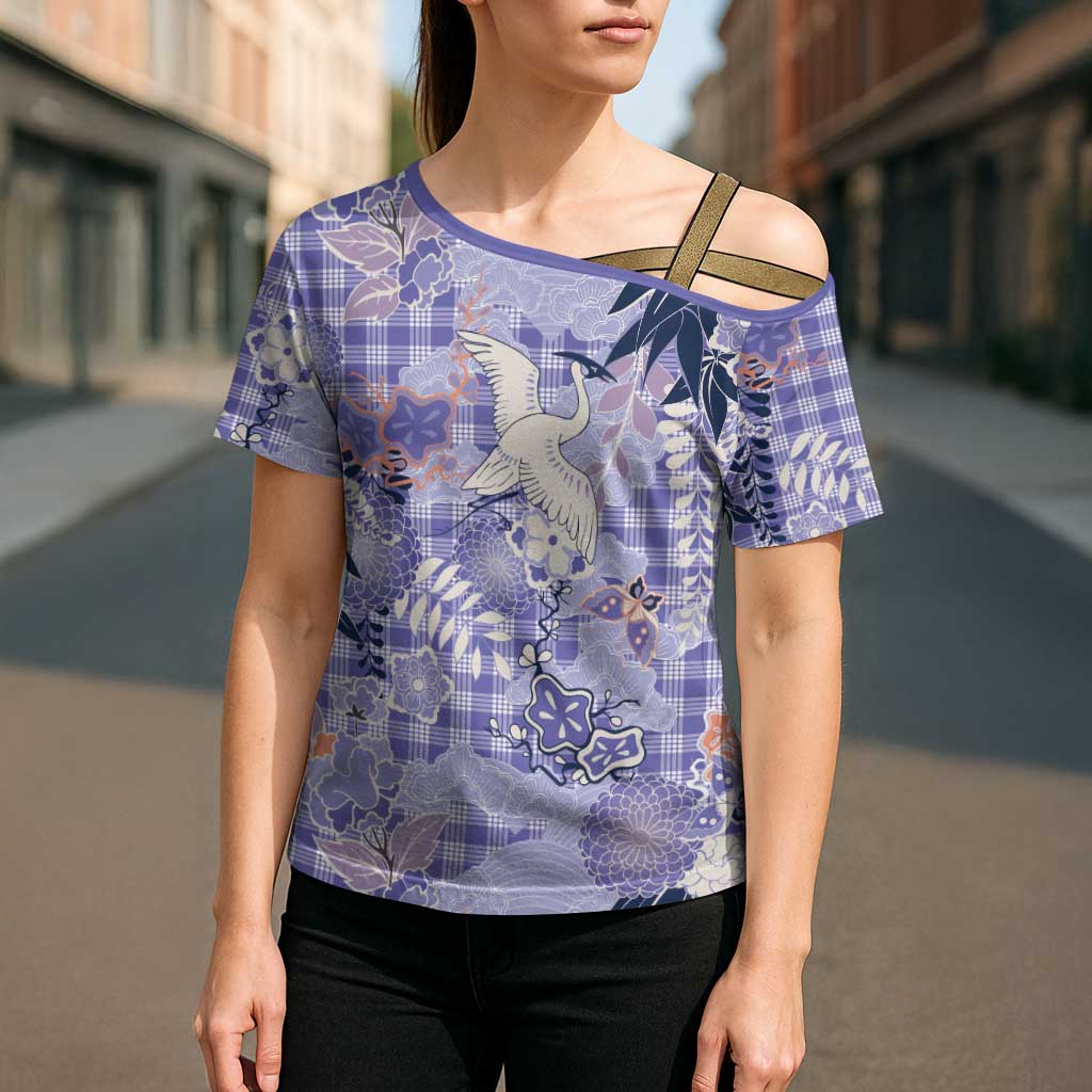 Purple Palaka Crane and Flowers Cross Shoulder Shirt Japan Heritage Spirit LT9 - Polynesian Pride