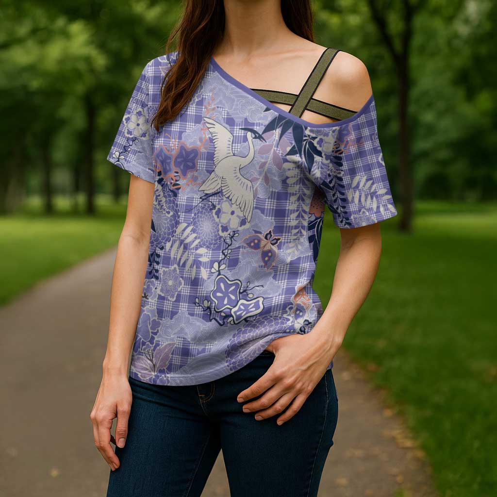 Purple Palaka Crane and Flowers Cross Shoulder Shirt Japan Heritage Spirit LT9 - Polynesian Pride