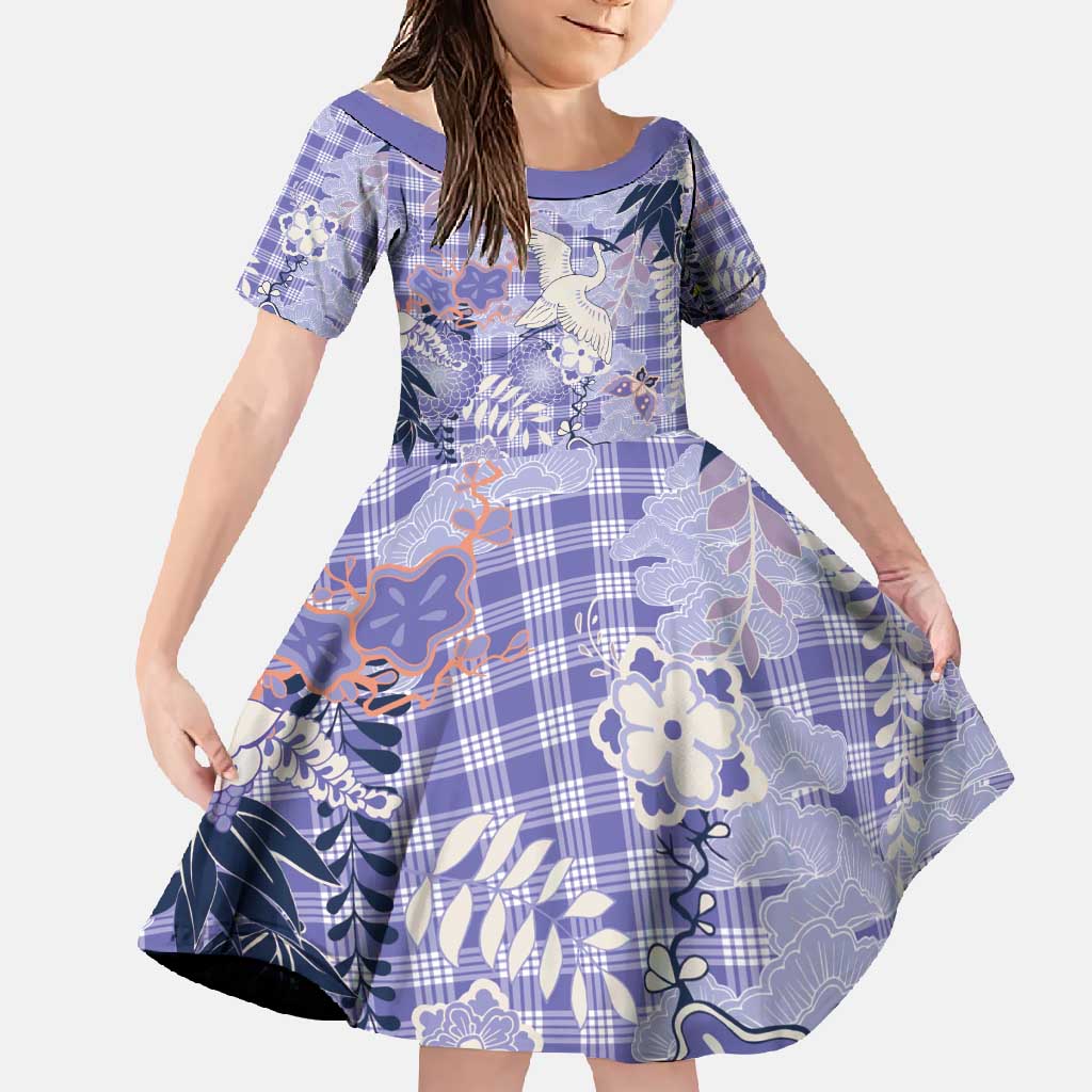 Purple Palaka Crane and Flowers Family Matching Mermaid Dress and Hawaiian Shirt Japan Heritage Spirit LT9 Daughter's Dress Purple - Polynesian Pride