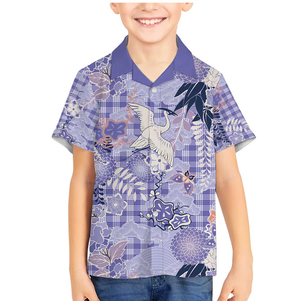 Purple Palaka Crane and Flowers Family Matching Mermaid Dress and Hawaiian Shirt Japan Heritage Spirit LT9 Son's Shirt Purple - Polynesian Pride
